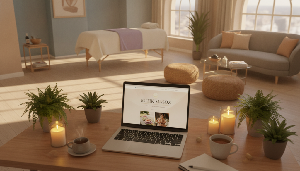 A tranquil and inviting spa scene with a focus on online research, embodying the essence of "Butik Masöz." In the foreground, a serene workspace features a laptop displaying a spa website, surrounded by lush green plants and soft candles. The middle of the image captures a comfortable, tastefully designed waiting area with plush seating, filled with natural light filtering through large windows, casting gentle shadows. In the background, a well-decorated spa room reveals soft, calming colors and a massage table embellished with elegant linens. The atmosphere is peaceful and calming, evoking a sense of relaxation and professionalism, ideal for exploring the benefits of online research for spa services. Use warm, inviting lighting with a focus on natural elements, shot from a slightly elevated angle.