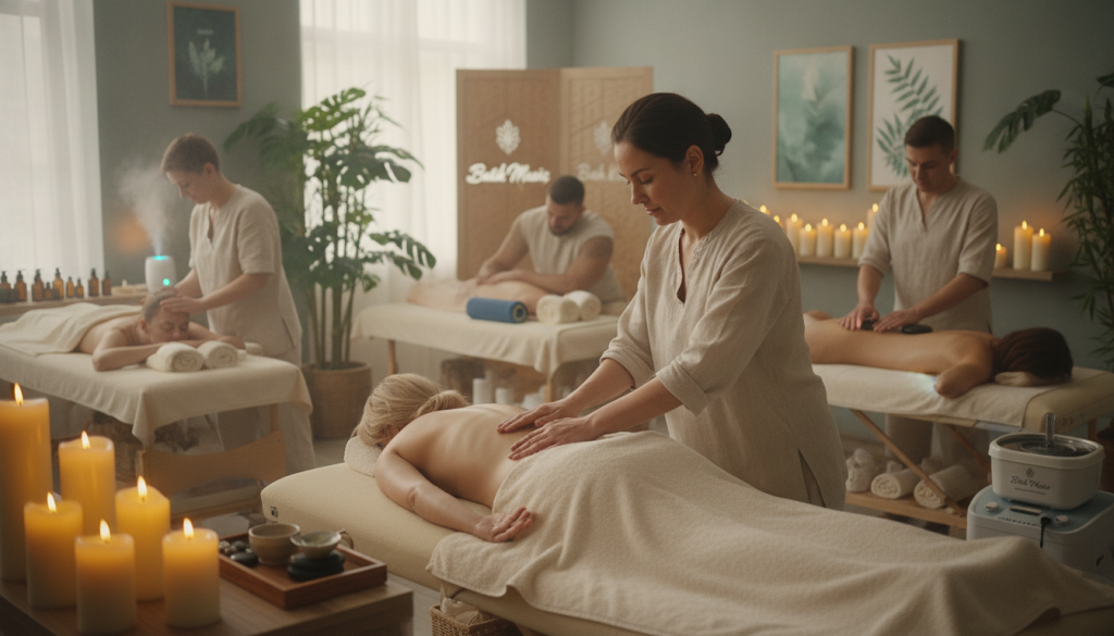 A tranquil and inviting spa setting showcasing various massage therapy techniques in a warm and calming atmosphere. In the foreground, a professional masseuse in modest casual attire is demonstrating a soothing back massage on a client, who is comfortably draped. In the middle ground, several therapists are seen engaging in different types of therapies such as aromatherapy, hot stone, and deep tissue massage, each with their unique setups. The background features soothing elements like soft lighting, candles, and calming artwork that enhances relaxation. The scene reflects a peaceful ambiance, embodying wellness and healing, branded subtly with "Butik Masöz" in the decor. The photo is captured with soft natural lighting, creating a serene and inviting mood, using a focal length that highlights the therapists' skills and techniques while maintaining professionalism.