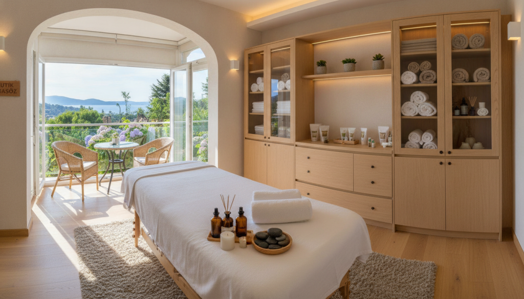 A tranquil and inviting therapy room at "Butik Masöz" spa in Adalar. In the foreground, a soothing massage table is covered with soft white sheets, surrounded by calming essential oils and candles. In the middle, there are light wooden cabinets filled with neatly arranged towels and aromatherapy products. Soft, warm lighting enhances the serene atmosphere, casting gentle shadows around the room. In the background, large windows reveal a picturesque view of greenery outside, allowing natural light to filter in. The overall mood is peaceful and rejuvenating, designed to promote relaxation and wellness. Use a wide-angle lens to capture the spaciousness of the room while maintaining focus on the inviting details.