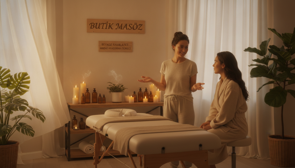A tranquil and serene massage therapy scene to illustrate "Beykoz rahatlatıcı masaj araştırma süreci." The foreground features a peaceful massage table in a calming room with soft ambient lighting, bathed in warm tones. A professional-looking masotherapist, dressed in modest casual attire, is engaging with a client, explaining the benefits of different massage techniques. In the middle ground, shelves display various massage oils and aromatherapy candles, conveying a holistic approach. The background includes soft, flowing curtains and lush plants, enhancing the soothing atmosphere. The composition should reflect a sense of trust and professionalism associated with "Butik Masöz," inviting viewers to explore the journey of finding the right therapist. The overall mood is relaxing and inviting, with a focus on health and wellness.