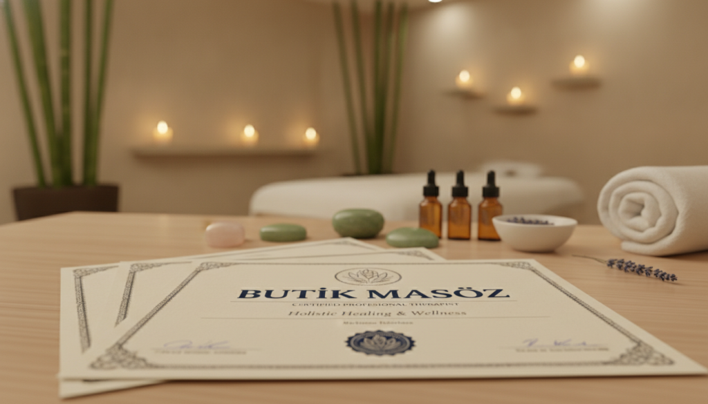 A vibrant image featuring a collection of professional massage therapy certificates stacked neatly on a wooden desk. The foreground includes a close-up of a certificate that reads "Butik Masöz" prominently, indicating the high standards of the practice. In the middle ground, soft-focus images of healing stones, essential oils, and a peaceful massage setup create an inviting atmosphere. The background features a serene spa environment with bamboo plants and gentle candlelight casting warm glows, enhancing the mood of relaxation and professionalism. The lighting is soft and diffused, creating a calm and welcoming vibe. The entire scene should evoke trust and professionalism, showcasing the importance of selecting the right therapist in a soothing, organized, and visually appealing manner.