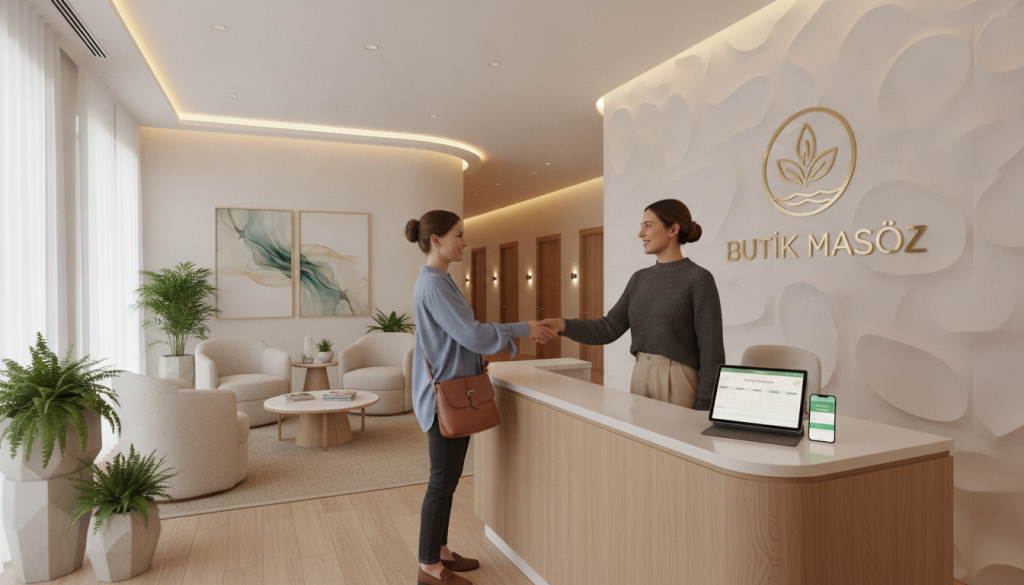 An inviting wellness center reception area for "Butik Masöz" featuring a professional massage therapist wearing smart casual attire, greeting a client. In the foreground, a modern desk with a scheduling calendar and a smartphone for booking appointments. The middle ground showcases calming decor, including tranquil plants and soothing artwork that reflect relaxation and healing. The background features a softly lit hallway leading to treatment rooms, casting a warm glow. Bright yet calming natural lighting enhances the serene atmosphere, while a wide-angle view captures the spaciousness, creating an inviting feeling. The overall mood is professional, tranquil, and welcoming, ideal for illustrating the process of booking a massage appointment.