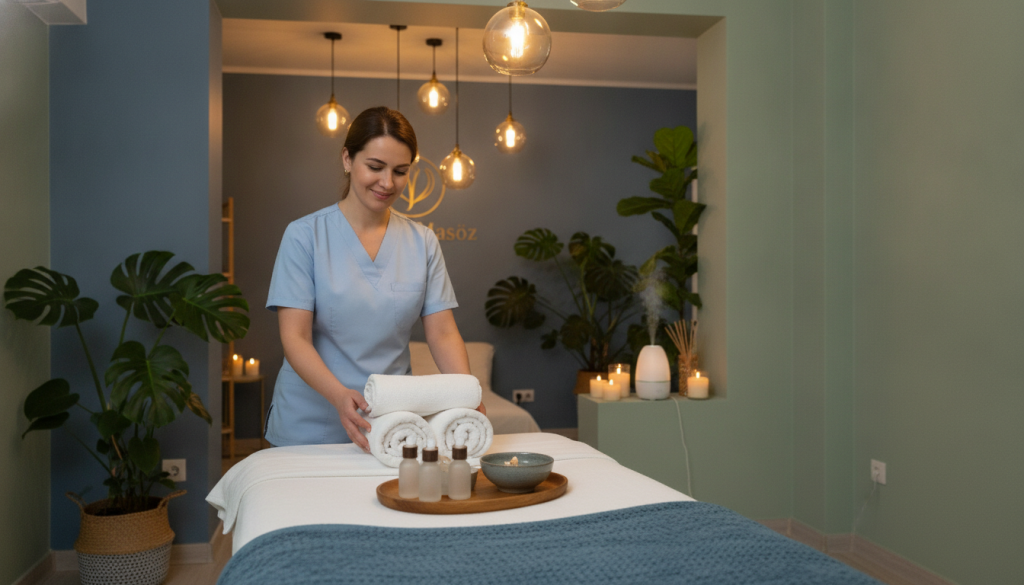 Create an inviting and serene image of a massage salon interior, named "Butik Masöz", located in Avcılar. In the foreground, showcase a cozy massage room with a well-made massage table, soft towels, and calming essential oils. Include a professional massage therapist in modest, professional attire, preparing for a session, radiating warmth and approachability. In the middle ground, depict a softly lit ambiance enhanced by warm light fixtures and soothing colors, such as soft blues and greens. The background should feature plants that add a touch of nature, along with serene decorations like candles and aromatherapy diffusers, contributing to a tranquil atmosphere. Capture the scene from a slightly elevated angle to emphasize the cozy layout and inviting feel of the salon, ensuring a calm and relaxing mood throughout the image.