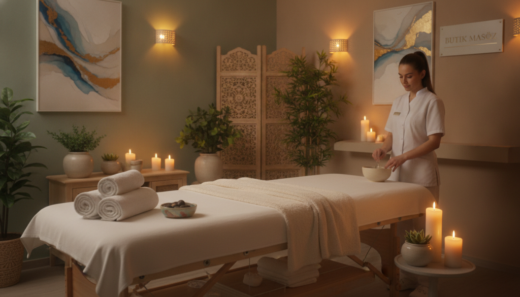 Create an inviting and serene image of a massage salon named "Butik Masöz" located in Ataşehir. The foreground should feature a calming treatment room with a neatly arranged massage table adorned with soft, white linens. In the middle ground, show a soothing atmosphere with dim lighting, and subtle decorative elements like candles and plants that enhance relaxation. The background can include softly colored walls and tasteful artwork that embodies tranquility. The overall mood should be peaceful and inviting, suggesting a sanctuary for relaxation. Ensure that any humans depicted are in professional attire, presenting an atmosphere of trust and professionalism. The image should be well-lit, capturing a warm glow that conveys comfort and well-being.