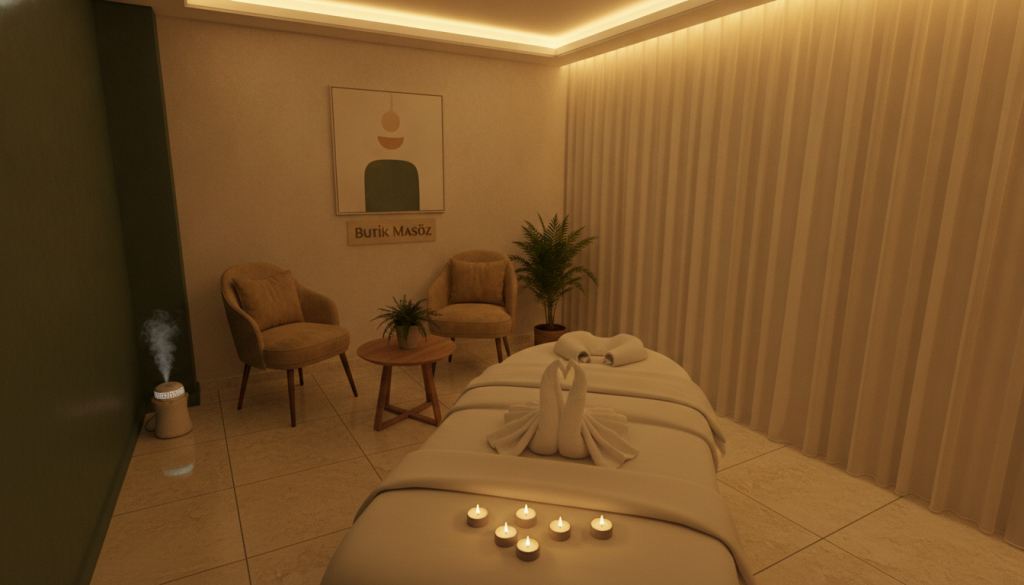 Eyüpsultan massage salon interior atmosphere, featuring a serene and inviting design. In the foreground, display a beautifully arranged massage table adorned with soft linens and soothing aromatherapy candles. The middle layer includes plush seating with tasteful decor, such as calming artwork and natural elements like potted plants. In the background, soft ambient lighting creates a warm glow, enhancing an atmosphere of relaxation and tranquility. Include the brand name "Butik Masöz" subtly integrated into the decor, emphasizing professionalism. Capture the scene from a slightly elevated angle to showcase the layout, ensuring the mood is peaceful and rejuvenating. The overall color palette should be soft and muted, with hints of gold and earth tones, to evoke a sense of calm and luxury.