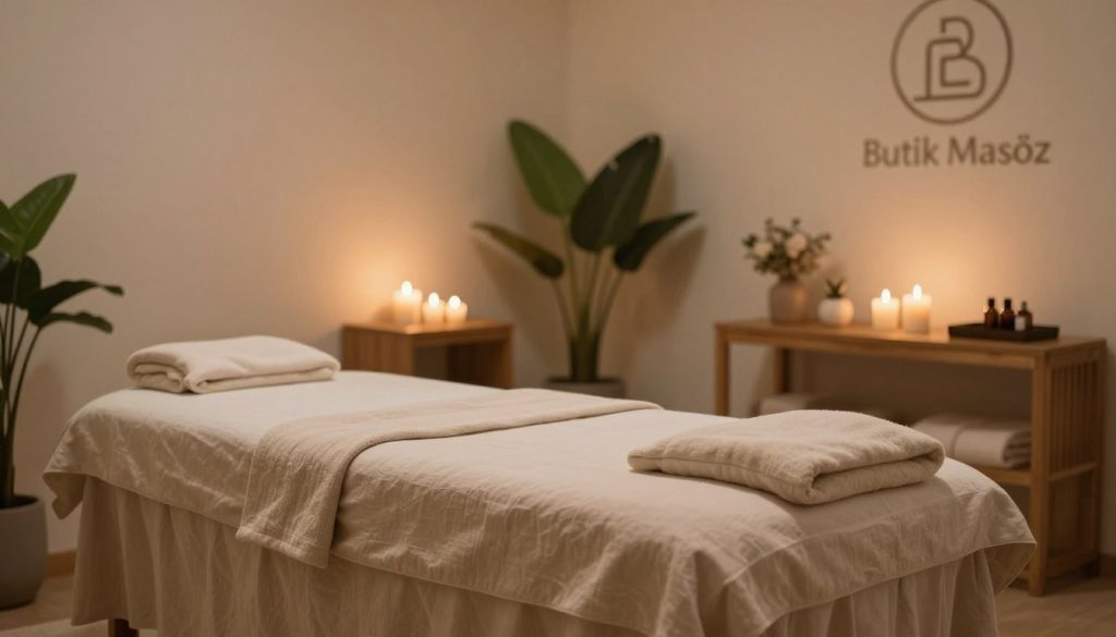 A boutique massage environment at a wellness center, designed for relaxation and tranquility. In the foreground, a comfortable massage bed adorned with soft, eco-friendly linens, surrounded by calming candles and essential oils. The middle ground features a serene, minimalist decor with wooden accents and potted plants, creating a natural ambiance. In the background, a softly lit room with warm, dim lighting enhances the calming atmosphere. The mood is peaceful and inviting, ideal for boutique massage therapy. A subtle logo of "Butik Masöz" can be visible on a wall. The image should evoke a sense of warmth and tranquility, captured with a shallow depth of field to emphasize the massage space. Aim for soft, diffused lighting to create a soothing aura.