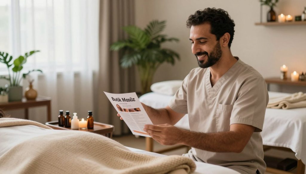 A calm and inviting spa environment in Istanbul, featuring a professional massage therapist in modest, professional attire demonstrating a consultation with a client. The therapist is of Middle Eastern descent, with a welcoming smile, gesturing towards a brochure titled "Butik Masöz" showcasing massage options. The foreground includes soft, woven fabrics and essential oils arranged on a table, while the middle ground shows a serene massage room adorned with green plants and soft lighting, creating a tranquil atmosphere. In the background, gentle sunlight filters through sheer curtains, illuminating the peaceful space. The overall mood is soothing and reassuring, ideal for someone seeking guidance on selecting the right massage therapist. The image captures the essence of professionalism and comfort.