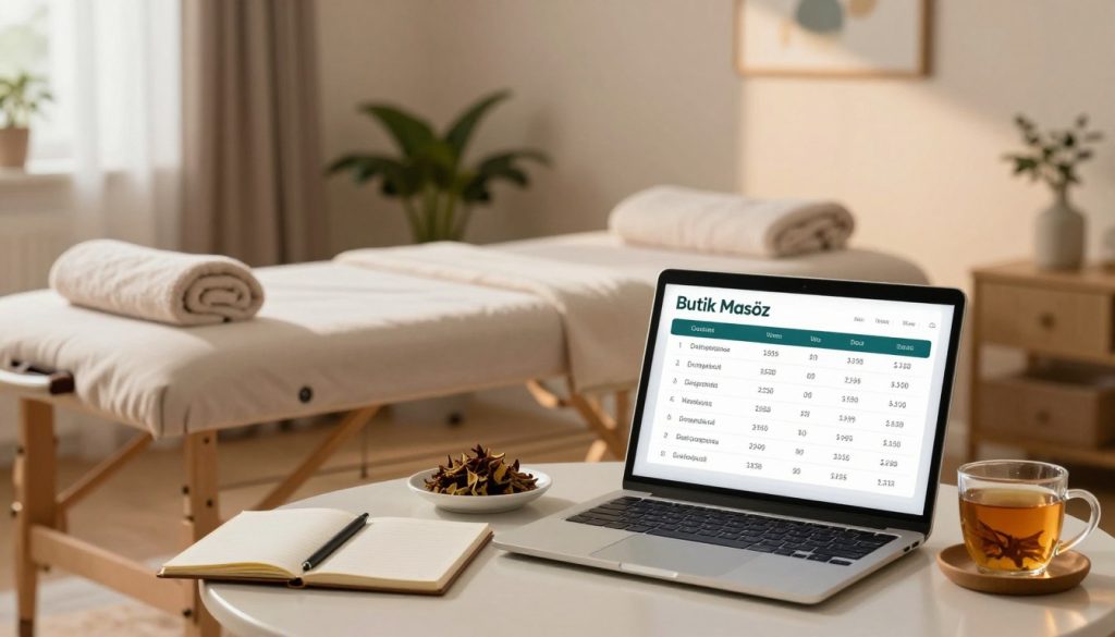 A calming scene portraying a serene home environment for relaxation massage pricing research. In the foreground, include a neatly arranged table with a laptop displaying massage service listings and price comparisons, surrounded by tools like a notepad and a cup of herbal tea. The middle layer showcases a soft massage table with cozy linens, and fresh towels, creating an inviting atmosphere. The background features a softly lit room with warm tones, houseplants for a touch of nature, and peaceful artwork on the walls. Soft, diffused lighting from a nearby window casts gentle shadows, enhancing the ambiance. This image reflects the theme of "Butik Masöz," emphasizing professionalism and tranquility, suitable for exploring the expectations around pricing in home massage services.
