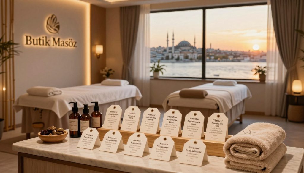 A comparative visual analysis of massage prices in Istanbul. The foreground features an elegant display table with various price tags, neatly organized alongside professional massage oils and soft towels. In the middle ground, a serene atmosphere with a soothing spa environment, showcasing a massage room with calming colors and warm lighting. Soft bamboo accents and plush décor enhance the tranquil setting. In the background, a large window reveals a stunning view of Istanbul’s skyline, bathed in golden hour light, creating an inviting mood. The image prominently includes the brand name "Butik Masöz" in a stylish, understated manner. Aim for a harmonious balance of luxury and professionalism, evoking peace and relaxation, with no human subjects present.