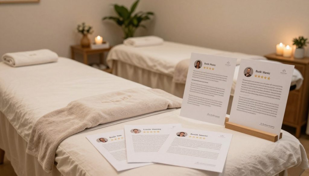 A cozy and inviting massage therapy setting, showcasing a well-furnished room with soft lighting that creates a calming atmosphere. In the foreground, a neatly arranged table holds user reviews displayed on elegant stationary, featuring positive feedback on a variety of massage techniques. In the middle, a plush massage bed with fresh linens invites visitors, while subtle decorative elements like plants and candles enhance the tranquility. In the background, soft, muted colors create a serene ambiance. A small sign reads "Butik Masöz" elegantly, emphasizing professionalism. The scene is shot from a slightly elevated angle, allowing a clear view of the room's inviting features and reader-friendly reviews. The overall mood is peaceful and inviting, inviting contemplation and relaxation.
