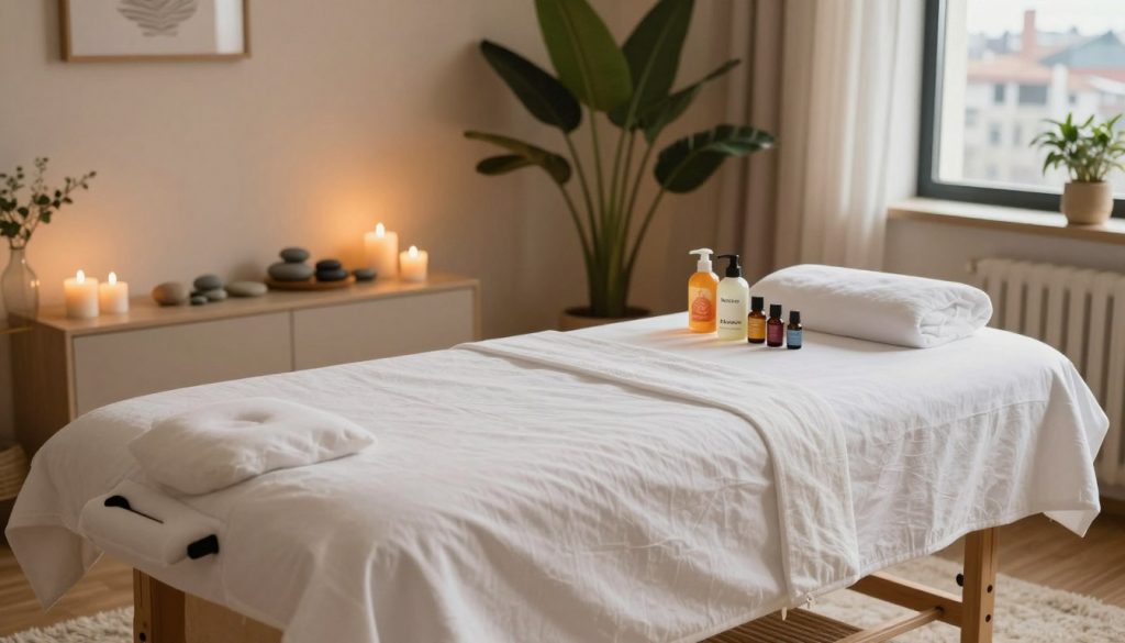 A cozy home massage preparation scene, showcasing a serene atmosphere. In the foreground, a massage table is elegantly covered with soft, white linens. To the side, neatly arranged essential oils and lotions in decorative bottles provide a splash of color. A calming arrangement of stones and candles adds tranquility. The middle ground features a softly lit room with warm, inviting hues, a plush rug underfoot, and a large, leafy plant in the corner, creating a natural feel. In the background, a window reveals a hint of the exterior cityscape of Istanbul. The overall mood is soothing and peaceful, illuminated by gentle, diffused lighting that enhances relaxation. Include the brand name "Butik Masöz" subtly in the decor.