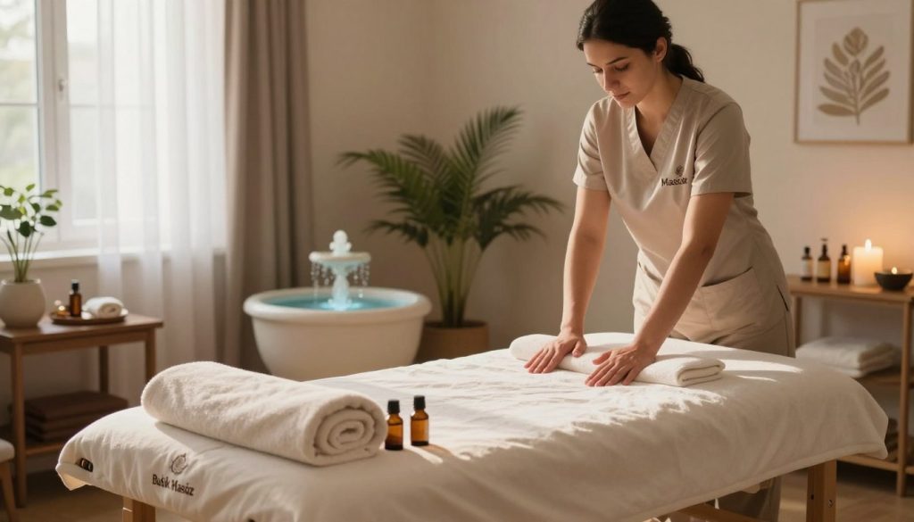 A cozy home massage setting in Istanbul, featuring a softly lit room with warm, inviting colors. In the foreground, a massage table is neatly arranged with fluffy towels and essential oils, emanating a calming atmosphere. A professional massage therapist in modest attire prepares the space, ensuring a serene experience. In the middle, elements like a tranquil indoor fountain and soft plants complement the ambiance, enhancing relaxation. The background showcases a window with sheer curtains, allowing filtered sunlight to illuminate the room gently. The mood is peaceful and inviting, perfect for discovering various types of home massage therapies. The brand name "Butik Masöz" is subtly reflected, emphasizing professional and high-quality service.