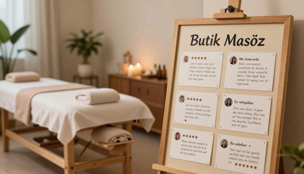 A cozy, inviting spa environment showcasing a well-designed review board featuring customer comments about "Butik Masöz". In the foreground, there’s a stylish wooden board adorned with handwritten notes and star ratings, showcasing an array of customer feedback. In the middle ground, a comfortable massage room with soft ambient lighting, candles, and calming plants creates a soothing atmosphere. The background features blurred elements of massage tools and oils, emphasizing professionalism and relaxation. Use warm, natural lighting to enhance the tranquil mood, capturing an inviting and trustworthy feel. The image should evoke a sense of reliability and comfort, highlighting the importance of customer testimonials in choosing a massage therapist.