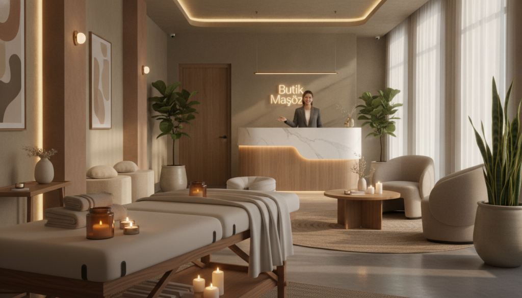 A modern massage salon interior in Kağıthane, featuring soothing earth tones and elegant decor. In the foreground, a massage table is set up with soft white linens and aromatic candles, creating a serene atmosphere. The middle ground showcases a stylish waiting area with comfortable seating, lush plants, and tasteful artwork on the walls. The background includes a bright reception desk with a friendly yet professional staff member dressed in smart business attire, welcoming clients. Soft, diffused lighting enhances the calming mood of the space, while large windows allow natural light to filter in, adding warmth. The name "Butik Masöz" is subtly integrated into the reception design. The overall feeling should evoke relaxation and professionalism, ideal for showcasing renowned massage salons in Kağıthane.