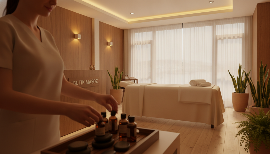 A modern massage salon named "Butik Masöz" in Üsküdar, exuding a calming and inviting atmosphere. In the foreground, a professional female massage therapist in modest, professional attire, gently preparing her workspace with soothing aromatherapy oils. In the middle ground, a warm, elegantly designed treatment room with soft lighting, minimalist decor, and a tranquil ambiance created by wooden accents and plants. The background features a window with sheer curtains, allowing natural light to filter in and enhance the serene mood. The image should convey relaxation and professionalism, perfect for highlighting popular massage services in Üsküdar. Use a soft focus lens to capture the warm tones, emphasizing the inviting nature of the salon.