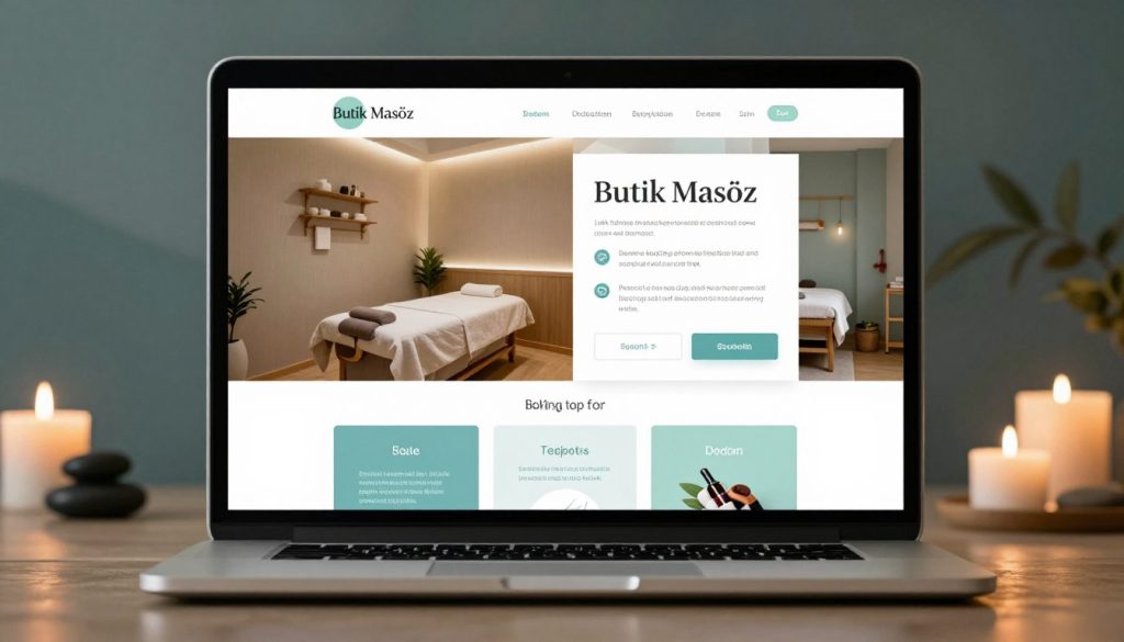 A modern, user-friendly online booking system interface for a massage therapy website, titled "Butik Masöz". In the foreground, display a sleek, high-tech laptop with an attractive, well-organized home page featuring smooth navigation options and soothing colors such as soft blues and greens. In the middle, illustrate an inviting and calming massage therapy room with soft lighting, comfortable furnishings, and a sense of tranquility. The background should feature a subtle digital graphic of a serene landscape or spa elements like candles and stones, enhancing the atmosphere of relaxation. The scene should be illuminated with warm, ambient lighting, creating a calming and welcoming mood, suitable for an article section discussing the advantages of online booking systems for massage services.