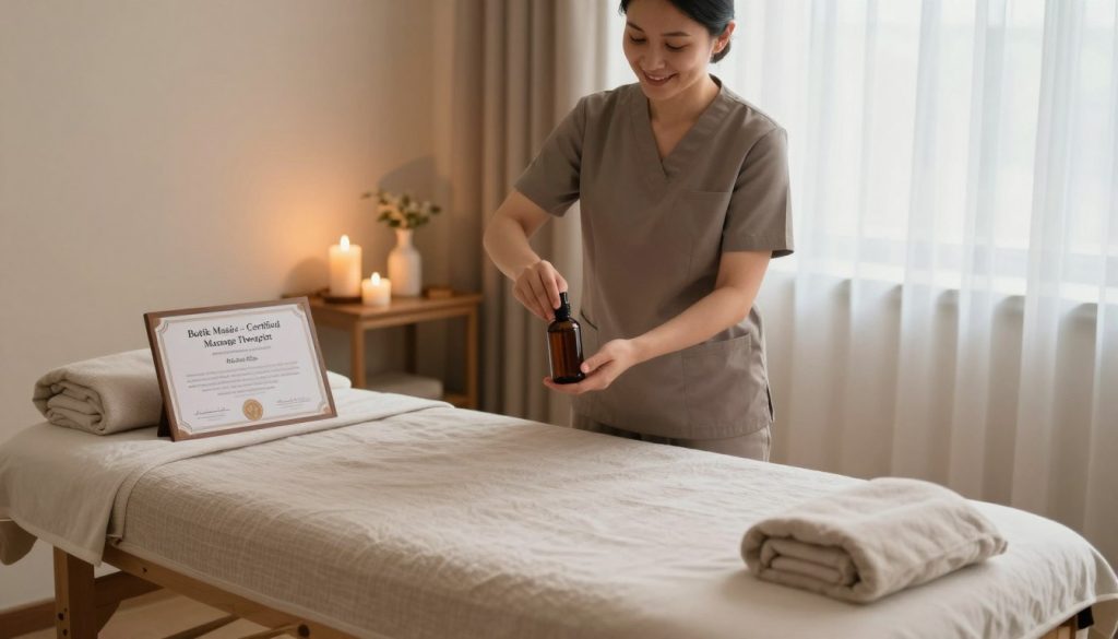 A professional and inviting image depicting a serene massage therapy setting. In the foreground, a neatly organized massage table with soft, neutral-colored linens, alongside a certificate that reads "Butik Masöz – Certified Massage Therapist." The middle ground features an experienced therapist in professional business attire, demonstrating a welcoming smile, with an open bottle of massage oil and soothing candles nearby. The background includes a calming color palette with gentle lighting, creating a peaceful atmosphere, accentuated by soft, ambient light filtering through window curtains. The overall mood is tranquil and reassuring, ideal for conveying professionalism and the importance of certification in choosing a massage therapist.