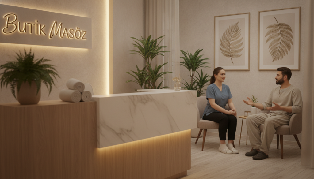 A professional and inviting scene illustrating communication methods with a massage therapist. In the foreground, a warm and welcoming reception area of a massage studio named "Butik Masöz," featuring a stylish desk with a soothing ambiance. The middle ground showcases a friendly massage therapist in professional attire engaging in a conversation with a client, who appears relaxed and open. Both are situated in a softly lit room that exudes tranquility. The backdrop consists of calming nature-inspired decor, such as plants and soft artwork, adding to the serene atmosphere. The lighting is soft and warm, capturing the essence of comfort and professionalism, with a focus on facial expressions to communicate trust and connection.
