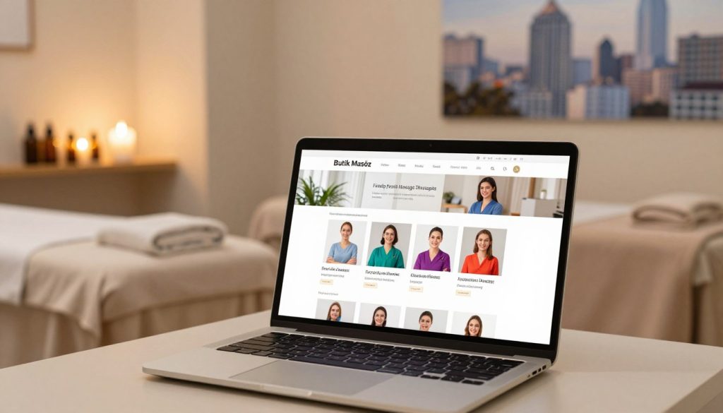 A professional and serene setting showcasing a "Butik Masöz" platform for finding female massage therapists. In the foreground, a laptop is open, displaying a user-friendly website featuring profiles of qualified female therapists in colorful, professional attire. The middle ground includes a cozy, inviting massage room with soothing lighting and essential oils displayed on a shelf. Soft, neutral tones dominate the space, creating a calm atmosphere. The background features blurred images of a cityscape, symbolizing the availability of services in urban areas. The lighting is warm and soft, with the focus on the laptop screen, providing an inviting and trustworthy feel, emphasizing the importance of finding reliable female massage therapists.