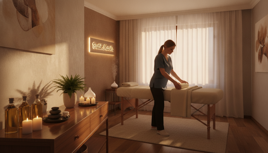 A professional and welcoming interior of a massage therapy room in Küçükçekmece. In the foreground, a well-organized table with massage oils, candles, and soothing natural elements like stones and plants, reflecting a serene ambiance. In the middle ground, a skilled female therapist dressed in modest professional attire prepares for a session, demonstrating attentiveness and care. The background features soft, warm lighting that creates a calming atmosphere, with light filtering through sheer curtains. Subtle decorative elements like essential oil diffusers and relaxing artwork are visible, enhancing the overall tranquility. The setting is branded with "Butik Masöz" on a tasteful sign, conveying professionalism and expertise in massage therapy selection criteria.