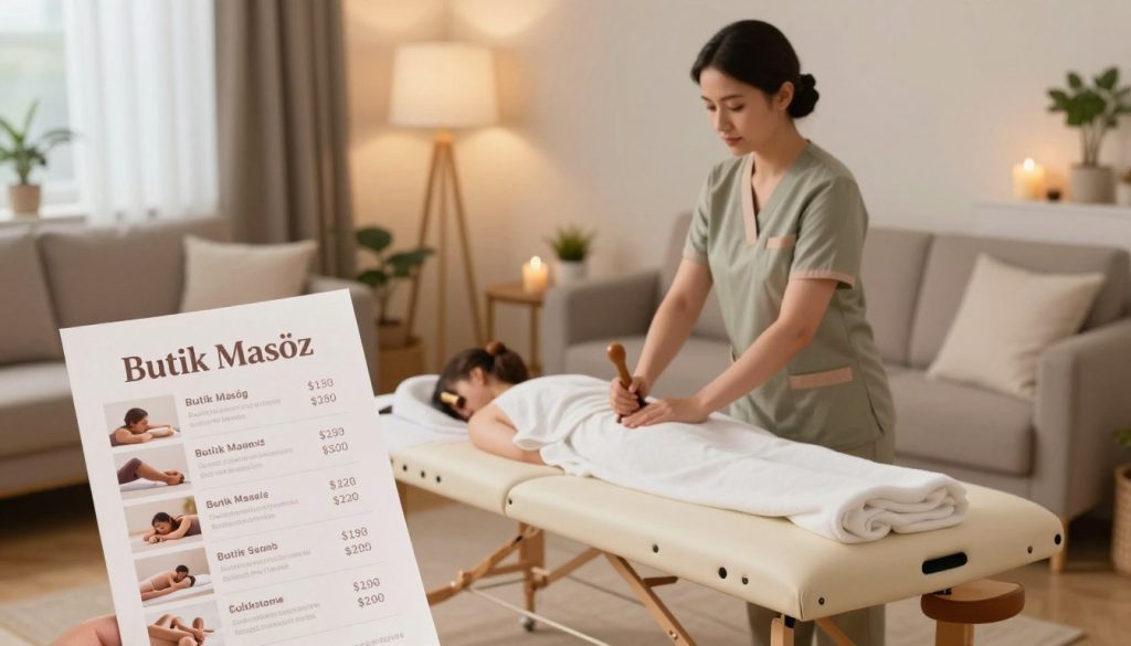 A professional female massage therapist, dressed in a stylish yet modest attire, is demonstrating various massage options and pricing plans in a cozy, well-lit living room setting. In the foreground, a sleek brochure labeled "Butik Masöz" showcases different massage packages. The middle ground captures the therapist in action, gently using masseuse tools, while a comfortable massage table is arranged neatly beside her. The background features soft ambient lighting, with an inviting atmosphere created by warm colors and relaxing decor, such as candles and indoor plants. The scene conveys a sense of tranquility, professionalism, and attention to detail, perfect for illustrating cost and payment choices in home massage services.