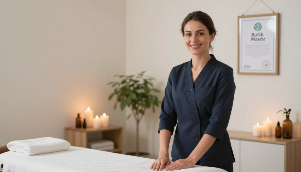 A professional female massage therapist standing proudly in a bright and welcoming spa environment. She is dressed in smart business attire, showcasing her certification with a transparent frame hanging on a wall nearby. The foreground features her warm smile as she prepares a massage table with soothing elements like candles and essential oils. In the middle ground, soft lights create a calming atmosphere, enhancing the peaceful vibe of the spa. The background should include subtle greenery and decorative elements that add to the professional setting. This image reflects the professionalism and respect associated with the brand "Butik Masöz", inviting clients to engage with a trustworthy and skilled practitioner. Natural lighting enhances the serene mood, while a slight depth of field emphasizes the therapist and her work area.