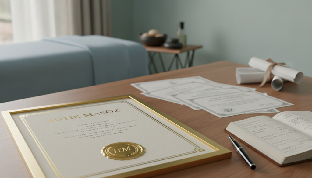A professional massage certification and training documents scattered on a wooden desk. In the foreground, the “Butik Masöz” certification is prominently featured, showcasing a professional design with a gold seal and elegant typography. In the middle, a neatly organized stack of training certificates lies beside a sleek pen and a ledger, conveying a sense of professionalism and expertise. The background includes soft-focus elements of a tranquil massage therapy room, featuring calming colors like soft blues and greens, and gentle, warm light filtering through a window, creating a serene atmosphere. This image captures the essence of qualifications and highlights what to look for in a skilled masseuse, emphasizing competence and professionalism.