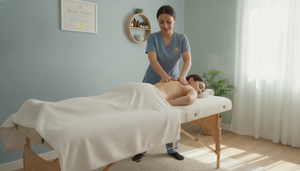 A professional massage therapist in a modern, serene treatment room, showcasing a certificate of achievement on the wall for "Butik Masöz." The therapist, a woman in modest, professional attire, is demonstrating a massage technique on a client who is comfortably draped in a towel on a massage table. Soft, natural light filters in through a window, casting gentle shadows. In the background, essential oils and soothing decor items enhance the calming atmosphere. A light color palette of soft blues and greens complements the tranquil environment, inviting relaxation. The focus is clear on the therapist’s skilled hands and the framed certificate, illustrating the importance of professional qualifications in massage therapy. The overall mood is peaceful and professional, emphasizing trust and care in the selection process for potential clients.