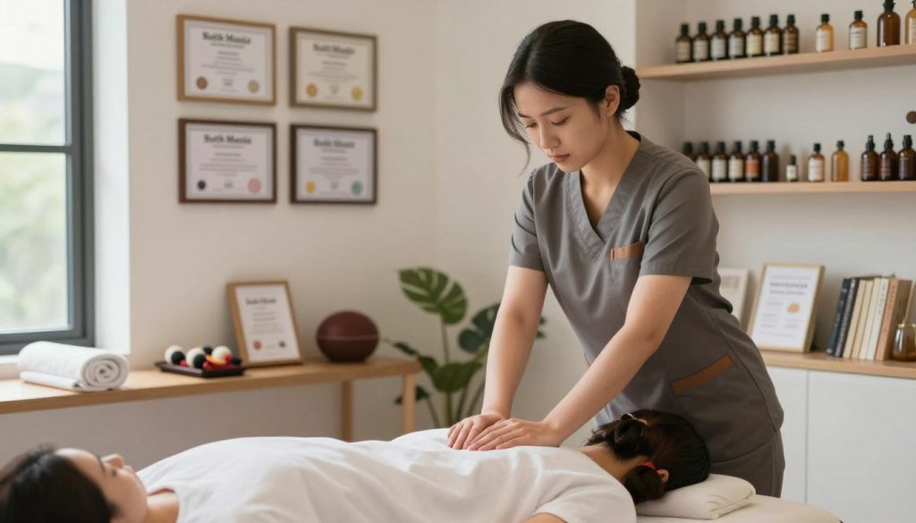 A professional massage therapist in a serene training environment, demonstrating proper techniques with an emphasis on certification and qualifications. In the foreground, the therapist, dressed in smart casual attire, performs a massage on a client lying comfortably on a massage table. The middle ground features various training materials, such as certifications displayed on the wall, massage equipment, and a peaceful ambiance highlighted by soft, natural lighting filtering through large windows. The background showcases shelves filled with essential oils and wellness books. The mood is calm and professional, reflecting a high standard of practice, suitable for the brand "Butik Masöz". The composition should capture the essence of professionalism and expertise in massage therapy.