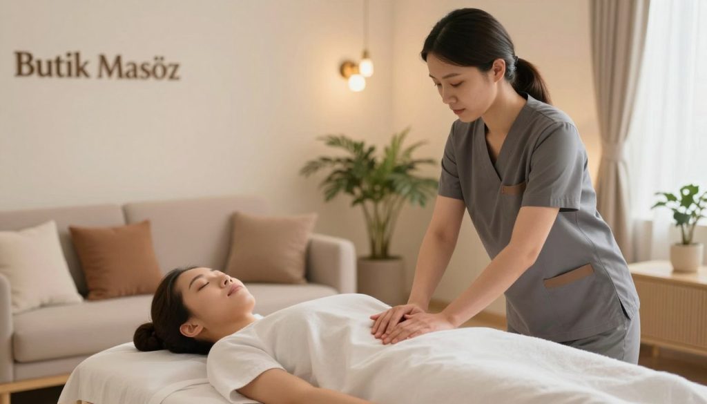A professional massage therapist providing in-home massage services, depicted in a serene, cozy living room setting. In the foreground, a skilled female therapist, dressed in smart casual attire, focuses on her serene client who is comfortably lying on a massage table. The middle section features a beautifully arranged massage space with soft lighting, calming decor, and soothing colors, creating a relaxed atmosphere. In the background, gentle plants and soft textures add to the tranquility of the environment. The overall mood is professional and calming, suggesting trust and expertise. The brand name "Butik Masöz" is subtly integrated into the decor, enhancing the sense of professionalism without being overt. Use a soft, warm light to illuminate the scene, capturing an inviting and peaceful ambiance.