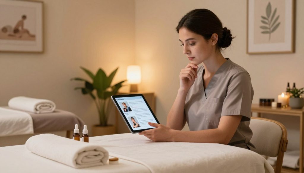 A professional massage therapist's profile assessment scene, set in a soothing spa environment. Foreground: an elegantly designed massage table with soft linens and essential oil bottles, emphasizing a serene and inviting atmosphere. Middle: a well-dressed professional, wearing a Smart-casual outfit, examining a profile on a tablet, showcasing various massage techniques and client reviews. The therapist's facial expression reflects a thoughtful demeanor as they assess the information. Background: warm ambient lighting adds a tranquil glow, while subtle decor elements like plants and calming artwork enhance the relaxing vibe. The overall mood is one of professionalism and care, capturing the essence of finding the right massage therapist. Include the brand name "Butik Masöz" subtly as part of the aesthetic decor.