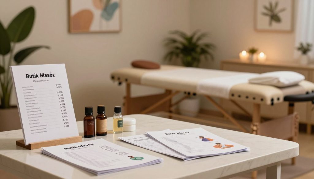A professional massage therapy room, showcasing a comparison of home massage session prices. In the foreground, display a neatly organized table with brochures and charts illustrating different price points and services offered by "Butik Masöz". In the middle ground, softly lit massage equipment like a massage table and essential oil bottles create an inviting atmosphere. The background features a calming wall adorned with soothing art, plants, and a dim lighting ambiance, enhancing relaxation. The overall mood is serene and professional, capturing the essence of home massage therapy pricing analysis. Use natural light to create soft shadows, and employ a warm color palette for a welcoming feel. Aim for a balanced composition that invites viewers to contemplate their choices in home massage services.