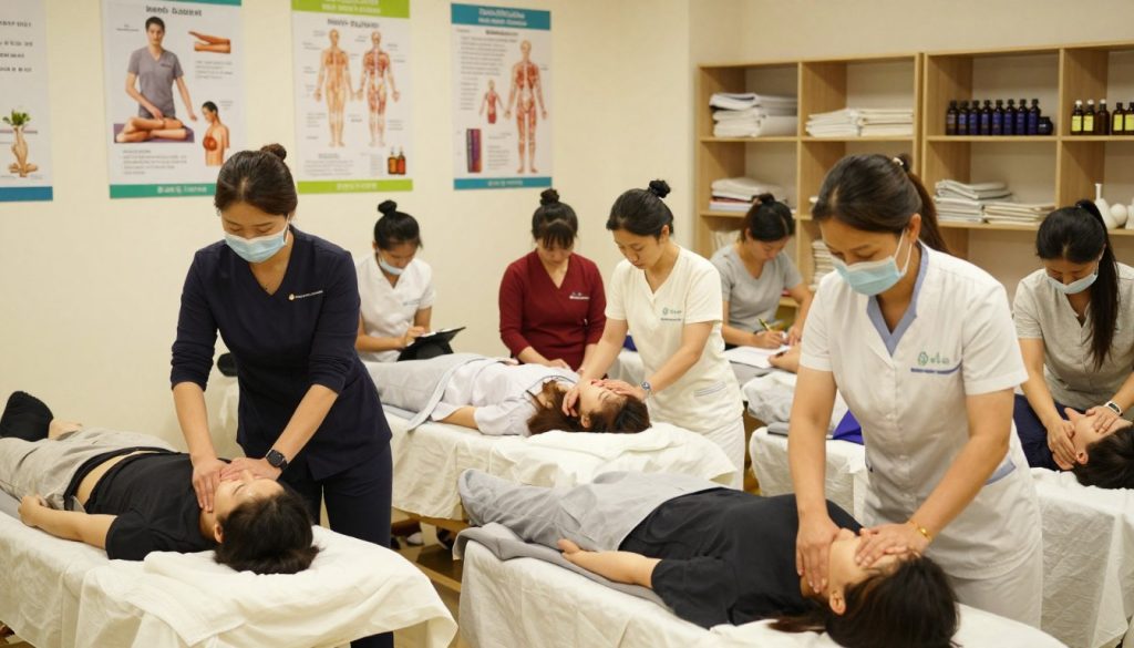 A professional massage therapy training setting, showcasing a diverse group of adult learners engaged in a hands-on certification program. In the foreground, two instructors, dressed in professional business attire, demonstrate various massage techniques on models, who are wearing modest clothing. In the middle, a group of attentive students observe closely, taking notes and practicing on each other, all in a clean, bright training room. The background features educational posters about massage techniques and anatomy, as well as shelves filled with training materials and oils. Soft, warm lighting creates an inviting atmosphere, emphasizing a sense of professionalism and focus. The logo for "Butik Masöz" is subtly integrated into the scene, enhancing the ambiance without distracting from the educational process.