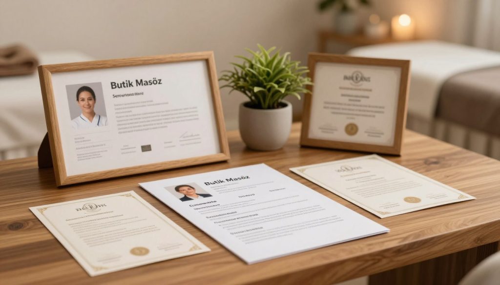 A professional masseuse's resume and certifications displayed elegantly on a wooden desk, surrounded by soft ambient lighting. The foreground features a neatly arranged resume showcasing detailed qualifications, including educational background and massage techniques, alongside various framed certificates. In the middle ground, a tasteful decorative plant adds a touch of nature, enhancing the serene atmosphere. The background is softly blurred, depicting a calming spa environment with neutral tones and subtle textures, suggesting relaxation and professionalism. The image conveys a mood of trustworthiness and competence, ideal for showcasing the essential elements of a massage therapist's profile. Include the brand name "Butik Masöz" subtly integrated into the design elements.