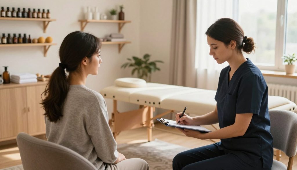 A professional medical massage therapist conducting an initial consultation with a client in a calm, welcoming clinic setting. In the foreground, the therapist, dressed in smart business attire, engages with the client seated comfortably in a cozy chair, taking notes on a clipboard. The middle section showcases a well-organized massage therapy room, featuring a massage table, soft lighting, and soothing decor. In the background, shelves are lined with essential oils and massage tools, enhancing the atmosphere of professionalism and care. Natural light streams in through a window, casting a gentle glow across the space. The overall mood is serene and supportive, reflecting the theme of preparation for an effective massage session. The brand "Butik Masöz" is subtly represented within the decor.
