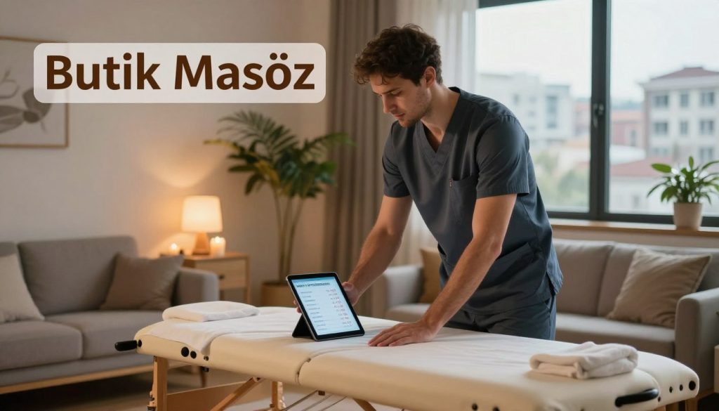 A professional mobile massage service advertisement featuring "Butik Masöz," showcasing a serene setting. In the foreground, a well-dressed therapist in smart casual attire prepares a massage table in a cozy, inviting living room. The therapist is checking a tablet displaying prices influenced by location. In the middle ground, there's a softly lit ambiance with plants and candles, enhancing the relaxing atmosphere. The background shows a window with a view of a cityscape, suggesting urban and suburban locations affecting service prices. The lighting is warm and inviting, creating a calm and professional mood. The perspective is slightly angled to capture both the therapist and the surrounding environment, emphasizing the focal point on price variations based on location without any text or distractions.
