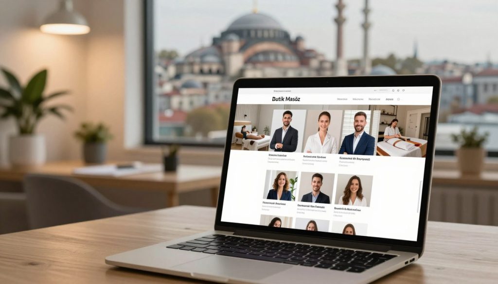 A professional online platform showcasing "Butik Masöz" profiles in Istanbul. In the foreground, feature an elegant laptop with an open screen displaying a well-designed website filled with diverse, professional profiles of massage therapists. The middle ground includes a stylish, contemporary workspace with subtle decor, such as plants and soft lighting, creating a welcoming atmosphere. In the background, depict a blurred cityscape of Istanbul, hinting at its vibrant culture and history. Use warm, inviting lighting to enhance the professional yet relaxed mood of the scene. Ensure all human subjects are dressed in modest business attire, reflecting professionalism and trustworthiness in their demeanor, with no visible text or branding apart from "Butik Masöz".