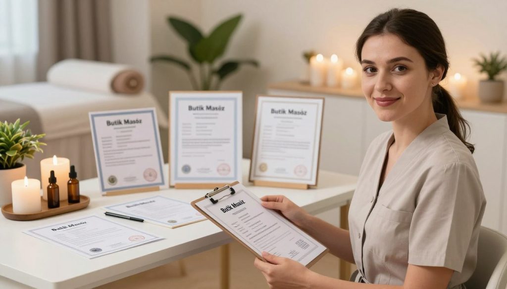 A professional setting depicting a licensed massage therapist verification process for "Butik Masöz." The foreground features a friendly, well-dressed female therapist in smart casual attire, holding a clipboard with a professional license visible. In the middle, a well-organized desk showcases various certifications, surrounded by calming massage-related decor like candles and essential oils. The background includes soft, ambient lighting that creates a serene atmosphere, with plants and soothing colors enhancing the relaxing vibe of the space. Capture the moment from a slightly elevated angle to emphasize the attention to detail and professionalism, evoking a sense of trust and reliability. The overall mood is welcoming and reassuring, perfect for illustrating the importance of license verification in massage therapy services.