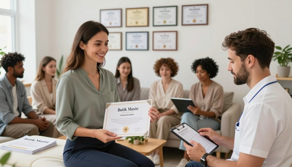 A professional setting for selecting massage therapists, featuring a group of diverse, well-dressed individuals in a bright, welcoming office space. In the foreground, a smiling, confident woman in professional attire is reviewing a certificate highlighting her qualifications, while a focused man looks over a checklist on his tablet, evaluating skills. In the middle ground, certificates are neatly displayed on a wall, showcasing various massage specializations, while a table holds brochures from "Butik Masöz". The background includes soft lighting that creates an inviting atmosphere, with plants and comfortable seating. The overall mood conveys professionalism and the importance of education and certification in the massage industry.