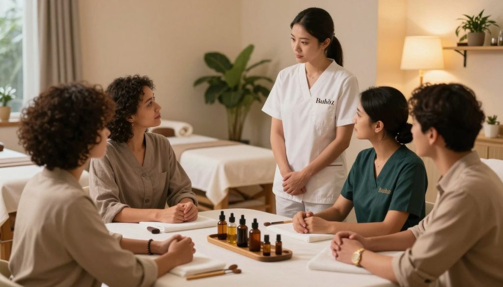 A professional spa environment featuring an experienced massage therapist team from "Butik Masöz" engaged in a thoughtful discussion about massage selection strategies. In the foreground, diverse therapists in smart casual business attire are gathered around a table with massage oils and tools, contemplating their approach. In the middle, soft lighting creates a warm and inviting atmosphere, illuminating the serene spa decor with plants and calming colors. In the background, glimpses of massage therapy rooms with soft linens and ambient lighting add context. The overall mood is professional yet relaxed, emphasizing knowledge-sharing and strategic planning in wellness practices. The scene captures the essence of effective massage selection for clients, fostering trust and expertise.