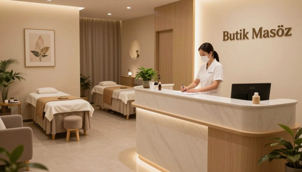 A serene and calming image depicting a professional massage salon setting. In the foreground, a well-organized reception area features a welcoming reception desk with the elegant brand name "Butik Masöz" displayed prominently. The middle ground includes a cozy waiting area with comfortable seating, soft lighting, and soothing décor, such as plants and artwork that reflect tranquility. The background showcases private massage rooms, slightly visible, with warm colors and tasteful furnishings, evoking a sense of relaxation and professionalism. The lighting is soft and diffused, creating a warm atmosphere, while the scene captures a serene mood, embodying the essence of ethical communication in a massage therapy context. The angle is slightly elevated, giving a comprehensive view without intruding on privacy.