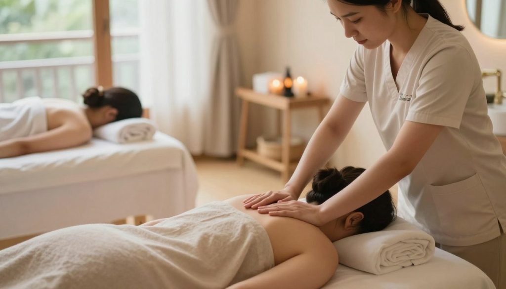 A serene and calming scene depicting a "Butik Masöz" massage therapy session, showcasing various relaxation massage techniques. In the foreground, a skilled therapist in professional attire gently applying techniques on a patient dressed in modest casual clothing, emphasizing the care and focus in their expressions. The middle ground features essential massage tools and a soft, plush massage table, while the background highlights a tranquil spa-like environment with soft natural light filtering through large windows, creating a warm and inviting atmosphere. The overall mood is peaceful and harmonious, conveying the benefits of boutique massage therapy, relaxation, and wellness for individuals seeking relief from stress. The composition is framed from a slightly elevated angle, capturing the interaction between therapist and client.