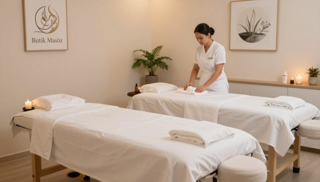 A serene and clean interior of a massage center in Istanbul, showcasing the concept of hygiene and professionalism. In the foreground, neatly arranged massage tables draped with white, fresh linens, with scented candles and essential oils delicately placed nearby, enhancing the atmosphere. The middle ground reveals a massage therapist wearing a professional uniform, demonstrating attentiveness to cleanliness, as she prepares the treatment area, with disposable items neatly arranged. The background features soft, warm lighting illuminating the space, creating a calming ambiance with light pastel colors on the walls. Decorative plants and tranquil artwork adorn the walls, contributing to a peaceful environment. The logo "Butik Masöz" is subtly integrated into the decor, reinforcing the theme of a high-standard massage experience.