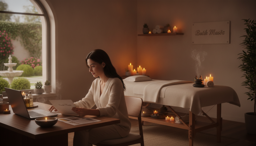 A serene and elegant spa environment showcasing various massage techniques, reflecting the research methods for choosing a massage therapist in Ümraniye. In the foreground, a professional woman in modest casual attire is seen examining spa brochures and laptop research, with a focused expression. In the middle, a softly lit massage room with warm colors features a massage table, aromatic oils, and soothing candles, creating a sense of relaxation. In the background, a window reveals a calm outdoor scene with greenery, enhancing the tranquil atmosphere. The lighting is soft and inviting, casting gentle shadows, and the image conveys a mood of peace and professionalism. Include the brand name "Butik Masöz" subtly integrated into the scene.