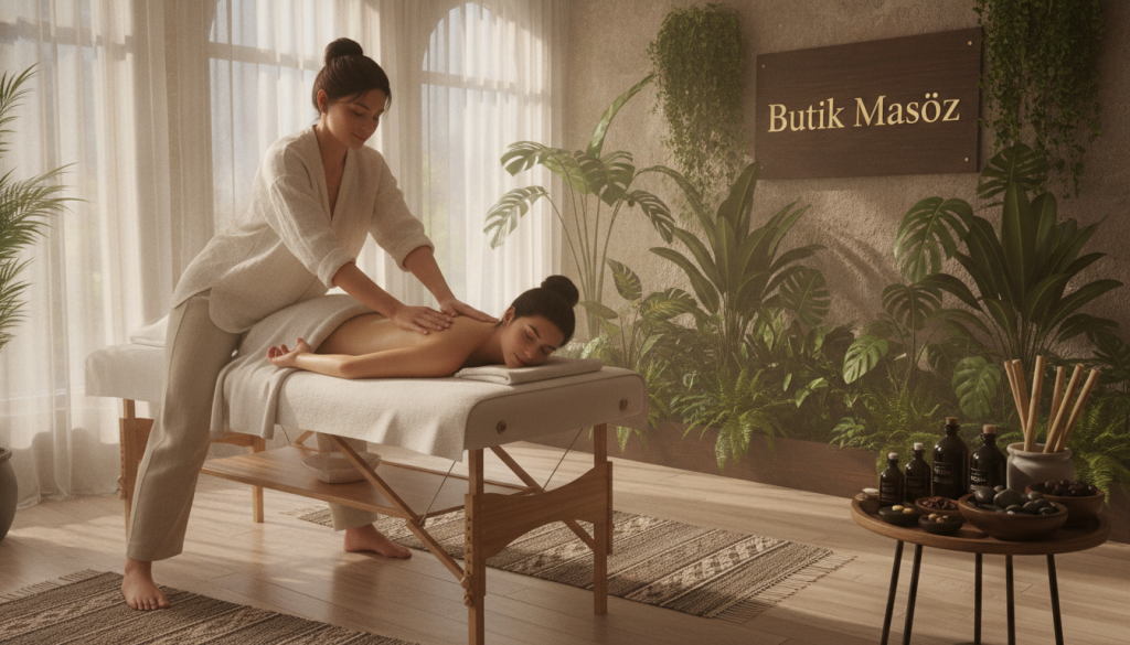 A serene and inviting Kadıköy spa environment, showcasing various massage techniques. In the foreground, a professional massage therapist in modest casual clothing demonstrates a soothing technique on a client lying comfortably on a massage table. The middle ground features an array of massage tools and oils neatly arranged, symbolizing the diverse expertise of the therapists. Lush indoor plants and soft fabrics enhance the tranquil atmosphere. In the background, large windows let in natural light, creating a warm, relaxing glow that envelops the space. The scene reflects professionalism and care, embodying the high standards of "Butik Masöz". Capture the mood of relaxation and expertise in this healing environment.