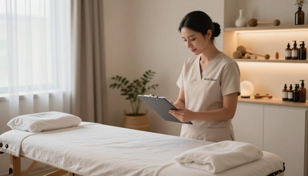 A serene and inviting atmosphere in a professional massage appointment preparation setting for "Butik Masöz". In the foreground, a neatly arranged massage table with soft linens and aromatic oils awaits, alongside a calming sound machine. In the middle, a focused massage therapist, dressed in professional attire, reviews client notes on a clipboard. Their demeanor is calm and inviting, signaling readiness to care for clients. In the background, softly lit shelves display massage tools and herbal remedies, creating a relaxing environment. Natural light streams in through a softly draped window, enhancing the peaceful ambiance. The overall mood is warm and welcoming, emphasizing professionalism and preparation for a quality massage experience.