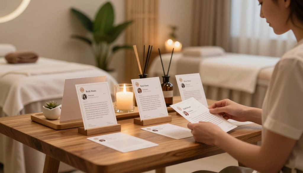 A serene and inviting boutique spa center, showcasing customer reviews and testimonials on individual elegant cards placed on a sleek wooden table at the foreground. In the middle, a calming spa environment with soft lighting emanating from candles and tasteful decor, featuring plants and aromatic diffusers, creating a tranquil atmosphere. The background hints at a treatment room with bamboo and soothing colors, enhancing the sense of relaxation. Capture the essence of professionalism, with a person in modest casual attire, perhaps browsing the reviews, looking content. Use a soft-focus lens effect, ensuring warm, ambient lighting that conveys a peaceful mood, reflecting the quality and attention to detail of "Butik Masöz."