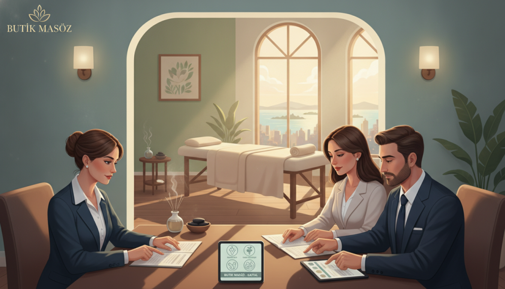 A serene and inviting digital illustration capturing the essence of selecting a professional massage therapist in Kartal. In the foreground, a diverse group of individuals in professional attire is engaged in thoughtful discussion, reviewing massage options on documents and tablets. The middle ground features a cozy massage therapy room, elegantly decorated with soft, calming colors and plush furnishings, ensuring a tranquil atmosphere. In the background, light streams through large windows, casting gentle shadows, enhancing the peaceful environment. The scene evokes a sense of professionalism and warmth, suitable for "Butik Masöz". The overall mood is harmonious and focused, showcasing the importance of making thoughtful, informed choices in massage therapy.
