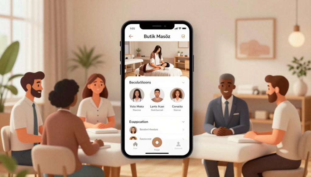 A serene and inviting digital illustration of a professional massage service platform in Istanbul, focusing on the brand "Butik Masöz". In the foreground, depict a selection of diverse, professional-looking individuals in business attire, engaging in warm, welcoming interactions, as if providing consultations. The middle ground features a sleek, modern interface of a massage booking app displayed on a smartphone, showcasing options for therapists and services. In the background, a softly lit spa environment with calming decor, featuring plush massage tables and soothing colors, evokes tranquility. Use soft, natural lighting to create a relaxing atmosphere, with a slight focus on the app screen to emphasize convenience and accessibility. Aim for a positive, inviting mood to attract prospective clients.