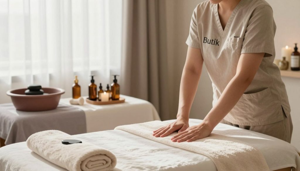 A serene and inviting home massage setting in Istanbul, showcasing popular massage types. In the foreground, a professional masseuse in modest casual attire prepares a massage table adorned with soft towels and aromatic oils, emphasizing relaxation. In the middle ground, various elements representing different massage styles—such as a foot massage basin, aromatherapy bottles, and stones for hot stone therapy—create a tranquil atmosphere. The background features soft, natural lighting coming through sheer curtains, casting gentle shadows and enhancing the calm ambiance. The overall mood is restful and soothing, inviting viewers to explore the world of at-home massage services. Include the brand name "Butik Masöz" subtly integrated into the scene.
